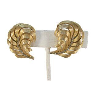 Crown Trifari Gold Tone Leaf Clip On Earrings with Rhinestone Accents